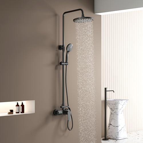 KOMIRO Colonna Doccia con Miscelatore Meccanico, Set Doccia Regolabile in Altezza, Miscelatore Doccia Set, Nero, Rotondo
