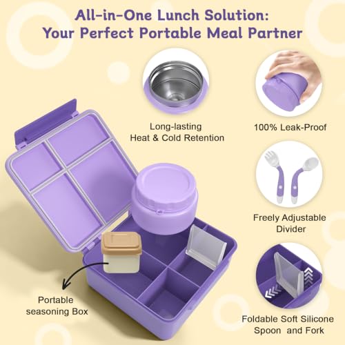 Image of Kids Lunch Box 4 Compartment Bento with 8oz Food Jar，Purple