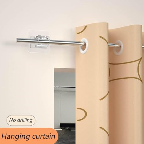 Image of 4 Pack No Drill Curtain Rod Brackets Self Adhesive Curtain Rod Holder Hooks Curtain Rod Hooks Heavy Duty Curtain Hangers for Home Bathroom Hotel Wall Mount Rod Support Without Drilling