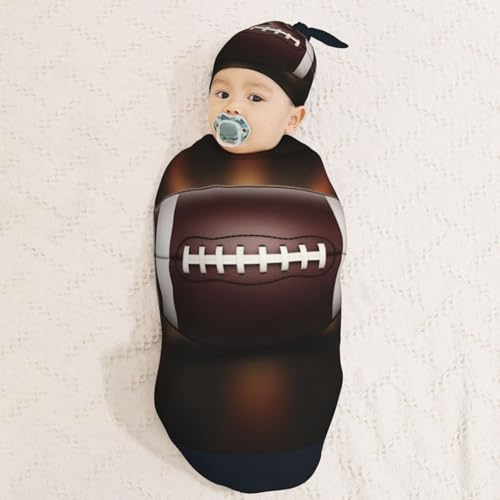 Image of American Football Ball Newborn Swaddle Blanket with Beanie Set Soft Baby Sack Stretch Adjustable Swaddle Wraps Receiving Blankets