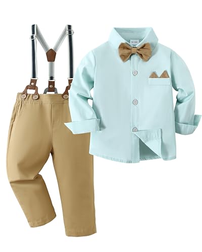 Image of YALLET Toddler Baby Boy Clothes Suit Gentleman Wedding Outfits Formal Dress Shirt+Bowtie+Suspender Pants