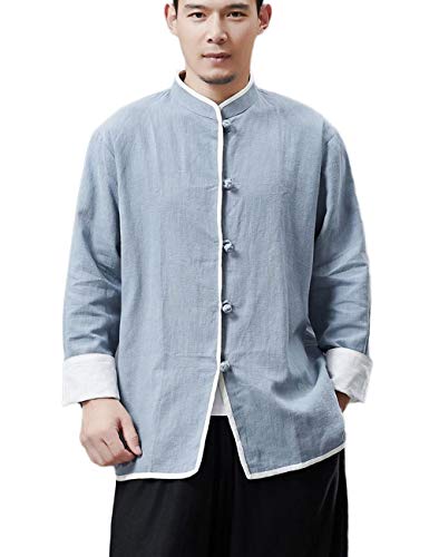 LZJN Men's Spring Lightweight Kung fu Tang Suit Coat Chinese Traditional Frog Button Linen Shirts