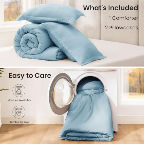 Image of Love's cabin Light Blue Full Comforter Set, 3-Piece Prewashed Bed Set with 1 Comforter (79 x 90 in) & 2 Pillowcases, Lightweight & Breathable for All Seasons