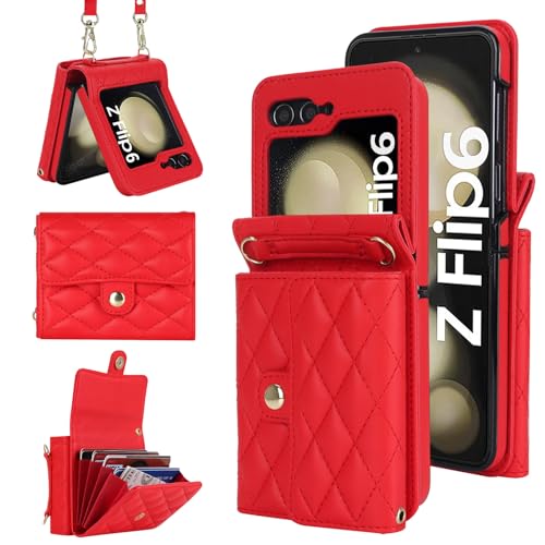 Coque Samsung Z Flip 6 en cuir PU rouge avec porte-cartes et lanière amovible