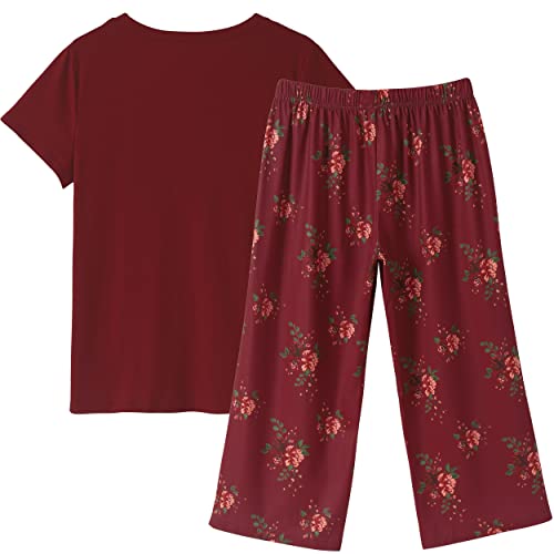 Image of Vozanet Women's Pajamas Set Soft V Neck Sleepwear Top and Capri Pj Lounge Sets Cartoon Heart Shape Cat Nighty Plus Size