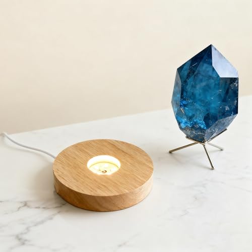 Image of Wooden LED Light Display Base, Round Lighted Lamp Stand Desk Table Holder (with USB Cable Switch) - Warm Light Version for Crystal, Glass, Acrylic, 3D Resin Lamp Models