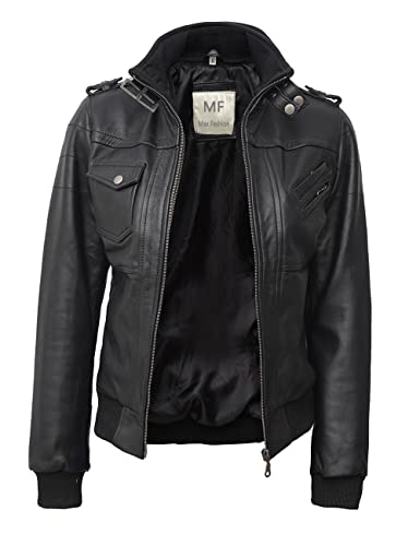 Motorcycle Jackets Brando Motorcycle Everyday Women Biker Genuine Leather Hoodie Jacket With Detachable Hood (Medium) Black #TOP1