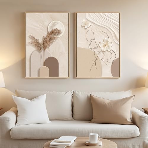 Framed Neutral Abstract Wall Art, Set of 2 Tan and Cream Beige Canvas Prints Paintings Artwork for Walls, Woman Silhouette Pictures for Living Room Dining Room Bedroom Office Wall Decor 16x24 Inch