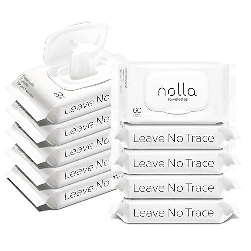 Image of Nolla Flushable Wipes | 100% Plant-Based and Biodegradable - Soft, Unscented + Soothing Aloe and Vitamin E - For Adults and Kids 600 Count (10 Packs of 60)