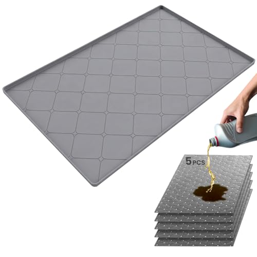 OPSOOPI Oil Drip Pan for Under Car 34 x 22 Silicone Oil Spill Mat with 5 Absorbent Pads Garage Drip Tray with 0.7 Raised Edge Waterproof Non-Slip Floor Protector Gray