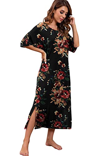 PrinStory Womens Long Nightgown Round Neck Nightshirts Short Sleeve Loose Loungewear Casual Sleep Dress With Pockets4