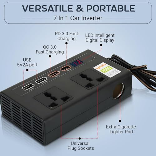 Image of 200W Car Power Inverter, Car Laptop Charger with 2 AC Outlets (220V), 3 USB-A & 1 USB-C PD 18W Fast Charging Ports, 12V DC to 220V AC Adapter for Laptops, Phones & Tablets - Black Body