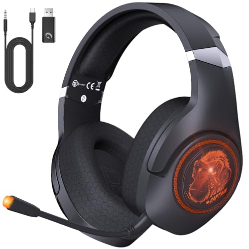 KAPEYDESI Wireless Gaming Headset for PS5/4, 2.4GHz Gaming Headphones Wireless with Noise Canceling Microphone for Fortnite/FPS Gamers, 40-Hr Battery Gamer Headset for PC, Orange Chimpanzees