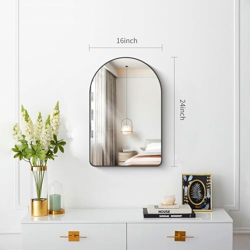 Image of FORBATH Arched Bathroom Mirror 16x24 Inch, Black Bathroom Mirror Wall Mounted Modern Aluminum Alloy Frame Arch Mirror for Bedroom Living Room Entryway, Hanging or Leaning Against Wall
