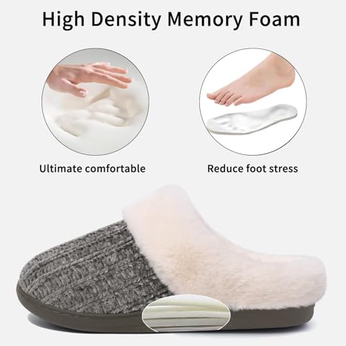 Image of Evshine Warm Knit House Slippers for Women Comfy Wool-Like Lined Chenille Slippers with Memory Foam and Indoor Outdoor Soles