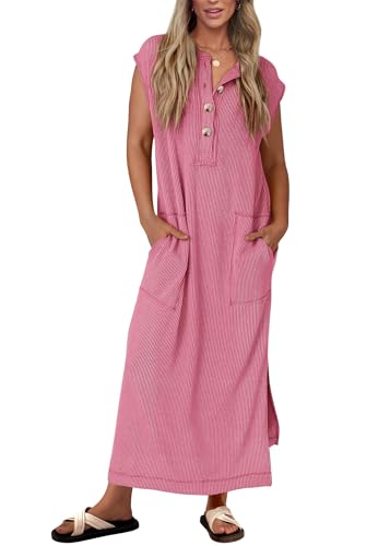 Image of KIRUNDO Womens Summer Ribbed Knit Short Sleeve Maxi Dress | 2026 Spring Henley Button Up Knitted Tshirt Dress, Loose Beach Vacation Sundress, Teacher Dress, Loose Fit Nursing Friendly