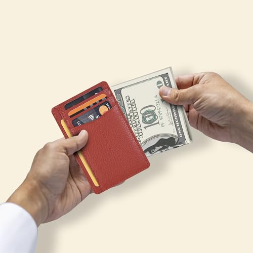 Image of Oak Leathers Leather Slim Minimalist Wallet for Men & Women RFID Front Pocket Leather Card Holder Wallets (Nappa Orange)