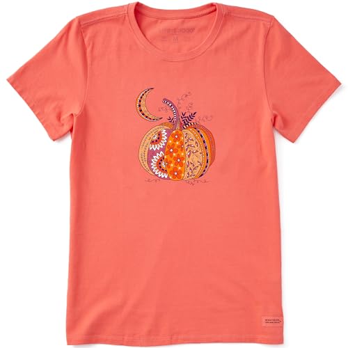 Life is Good Damen Crusher Tee Shirt Kurzarm Baumwolle Grafik T-Shirts Doodle Pumpkin Mango Orange Medium