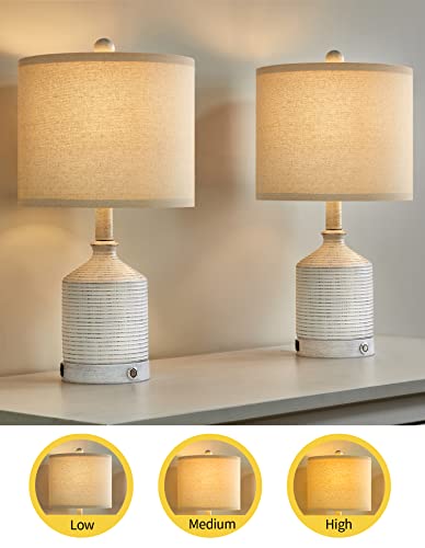 Pokat 20" Farmhouse 3-Way Dimmable Touch Ceramic Table Lamp Sets Of 2 Contemporary White Bedside Lamps For Living Room Bedroom Rustic Nightstand End Table Lamps With 2 Usb Ports (2 Bulbs Included) #TOP2