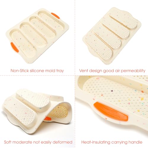 French Bread Hoagie Sub Roll Baking Pans 4-slot, Non Stick Silicone Mould Mold Tray for Sandwich Baguette Hot Dog Bun Loaf Food, Mini Tool Set for Restaurant Homemade Household Breakfast Dinner-Beige