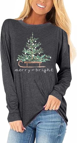 Women's Christmas Tree Merry and Bright T-Shirt Winter Long Sleeve Christmas Xmas Holiday Family Match Tees Tops(Long-718-Dark Grey,XXL)