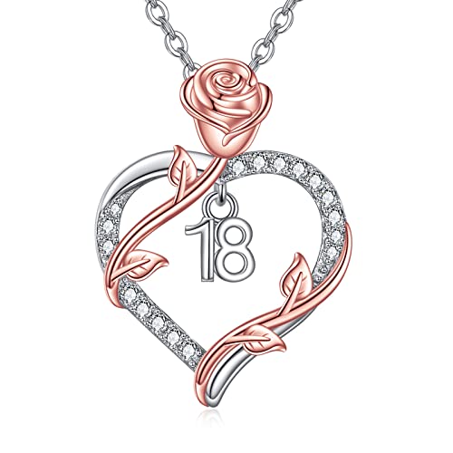 18 Year Old Birthday Gifts 925 Sterling Silver Love Heart Rose Flower Pendant Necklace for Women 16th/18th/21th/25th/30th/40th/50th/60th Gifts for Daughter Sister Graduation Jewelry