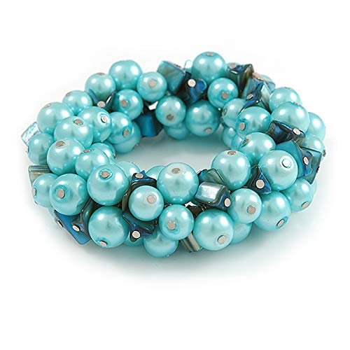 Avalaya Solid Chunky Light Blue Glass Bead, Teal Sea Shell Nuggets Flex Bracelet - 18cm L - Image 3