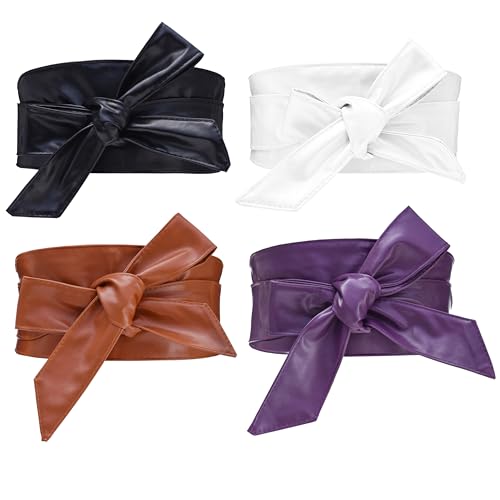 Woman Wide PU Leather Belt Obi Belt Self Tie Cinch Belt Wrap Around Bowknot Waistband Bright Color for Dress