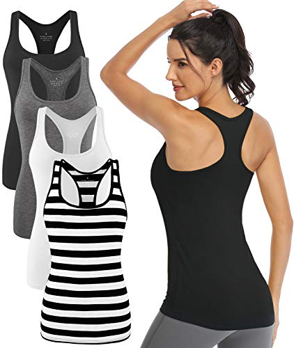 Porvike Tank Tops for Women Workout Racerback Shirts Atheltic Yoga Wear Tops Sports Tanks Undershirts Sleeveless Fitness Apparel Exercise Clothes Pack Black/Grey/White/Black Striped M