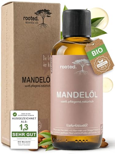 rooted.® BIO Mandelöl 100ml – [100% REINES MANDELÖL KALTGEPRESST] – Trägeröl & Basisöl für ätherische Öle – Sanfte Pflege für Babyhaut & empfindliche Haut, Gesicht & Haare – Süßmandelöl ohne Zusätze