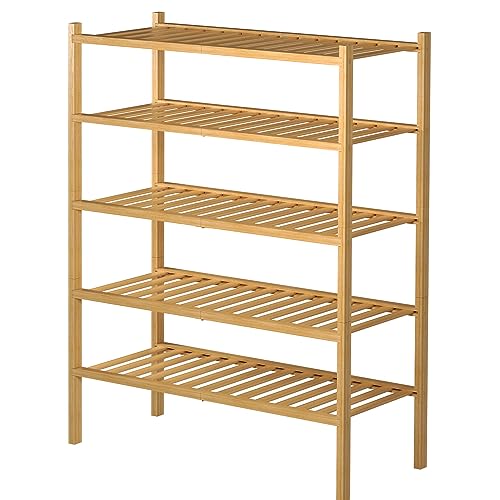 5 Tier Bamboo Shoe Rack for Closet Free Standing Wood Shoe Shelf for Entryway Small Space Stackable 27"x11"x33" (Natural)