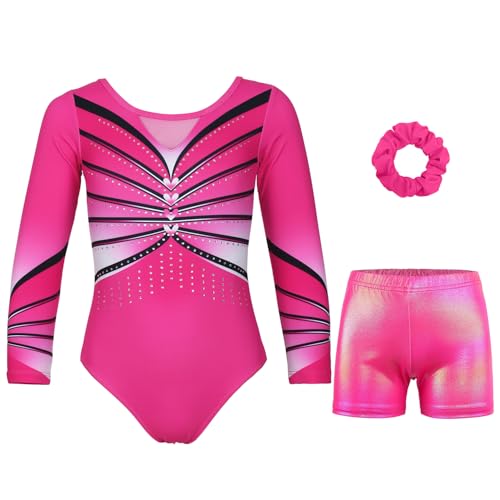 Gymnastics Leotards for Girls With Shorts Sparkly Ballet Dance Long Printed Sleeve Outfit 8-9 Years Romantic Heart