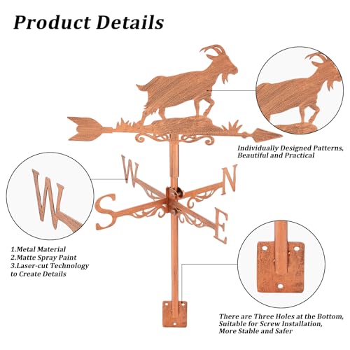 SUPERDANT Goat Weather Vane for Roof Farm Animal Metal Weathervane Goat Wind Vanes for Sheds Red Brown Wind Direction Indicator for Farmhouse Yard Farm Shed Garden Decoration - Image 3
