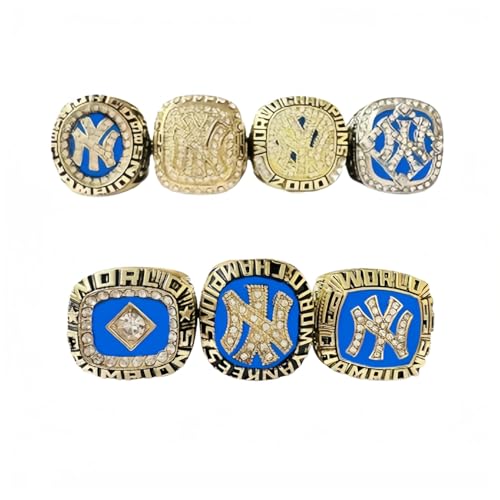 GIFT SET NEW YORK BASEBALL 1977 1978 1996 1999 2000 2009 WORLD CHAMPIONSHIP RING, 7 RINGS SET WITH 7-HOLE WOODEN DISPLAY BOX PACKAGING, HOLIDAY GIFT FOR BASEBALL FANS