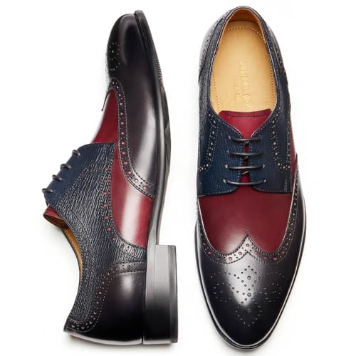 Image of Men's Dress Shoes, Two Tone Black Red Wingtip Oxford Shoes for Men, Brogue Lace Up Formal Business Wedding Derby Shoes