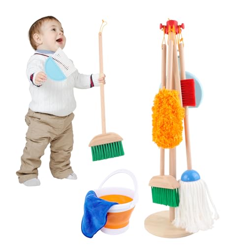 Image of Kids Cleaning Toys Set Pretend Play Broom and Dustpan for Baby 3+ Year Old Boy Girl Birthday Gift 9 pcs Wooden Toddlers Play House Dust Mop Children Learning Housekeeping Preschool Activities