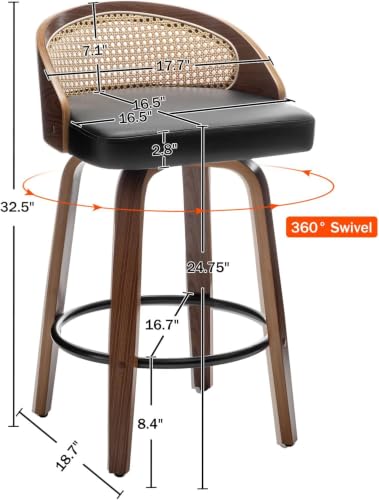 Image of Swivel Rattan Bar Stools Set of 2 with Back,Black Leather barstool chairs