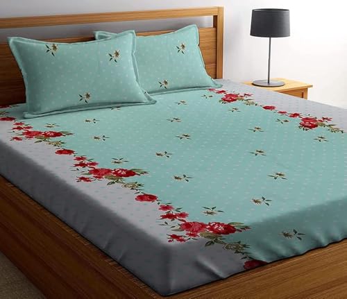 Image of NHD HOME Premium Cotton Feel Polycotton Elastic Fitted King Size Double Bedsheets with 2 Pillow Covers | All Around Elastic 210 TC Super Soft | Size - 72 King Size x 78+10 inches | White Pink & Green