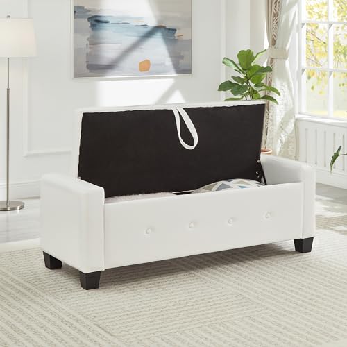 N NOORDENIYA 48" Faux Leather Ottoman with Storage, Tufted Storage Ottoman Bench with Safety Hinge, Rectangular Extra Long Bench for Bedroom, Living Room, Entryway and Window, White