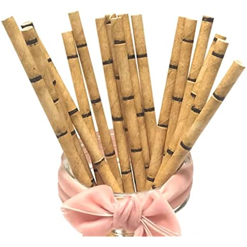 100 Pack Biodegradable Yellow Bamboo Paper Straws, Disposable Tropical Drinking Straws Cake Pop Sticks Cover