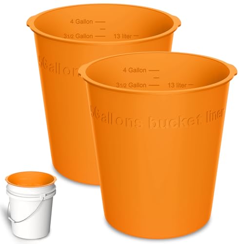 2-Pack 5 Gallon Silicone Bucket Liner Reusable Rubber Bucket Saver for Thinset Mortar Grout Concrete & Paint Mixing with Graduated Measurements Fits Standard 5-Gal Buckets (Orange)