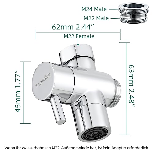 Tecmolog 3 Wege Umschaltventil Wasserhahnadapter Messing Diverter für Wasserhahn, Wasserhahn Ersatzteil mit M22xM24 Adapter, Chrom, SBA021C