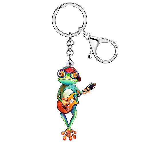 WEVENI Porte-clés grenouille en acrylique mignon pour sac de voiture, portefeuille, bijoux pour femmes et filles, Guitare grenouille, 41mm x 40mm