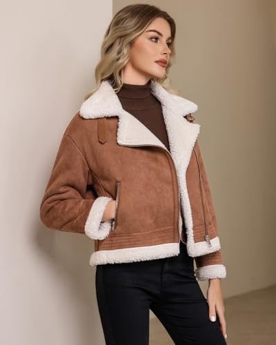 DIASHINY Women's Faux Shearing Fur Winter Coat Warm Thick Fur Lined Faux Leather Jacket2