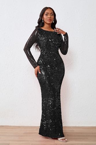 VERWIN Women's Sequins Bodycon Round Neck Long Sleeve Sparkly Mermaid Maxi Dress for Casual Party Cocktail3