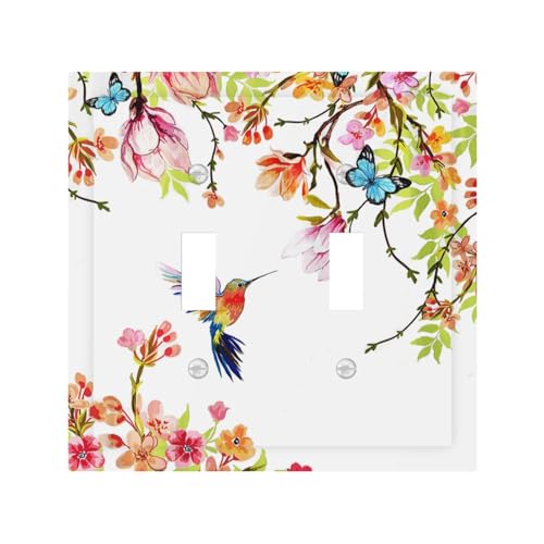 Floral Hummingbird Butterfly Tropical Flower Decorative Switch Plates 2 Gang Double Toggle Outlet Light Switch Cover Wall Plate Electrical Faceplate for Bed Room Living Room Decor