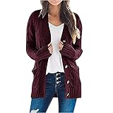 Capsule Wardrobe for Women 2023 Women's Cardigan Chunky Open Front Button Sweaters with Pockets Loose Slouchy Oversized Fall Outerwear Coat Oversized Button up for Women Wine M