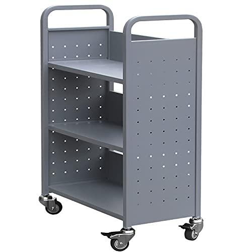 H&A Library Rolling Book Cart with 3 Flat Shelves, Book Truck with Swivel Lockable Casters for Home Shelves Office and School Book Truck in Grey