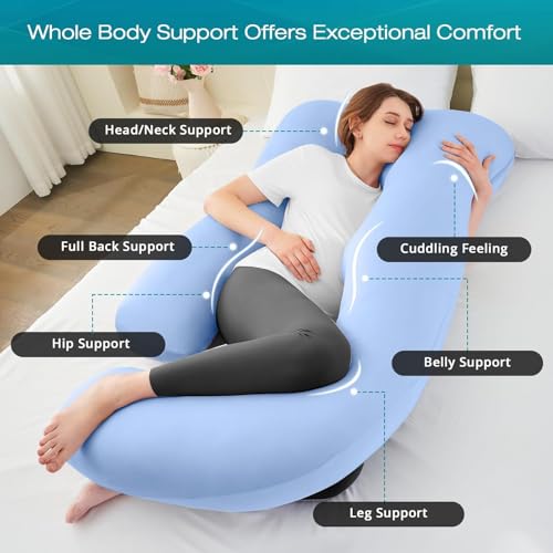 Image of Cooling Pregnancy Pillows for Sleeping, 65'' Full Body Pillow, Light Blue | Sasttie Maternity Pillow, OEKO-TEX, Down Alternative, Removable Cover, Pregnant Women Must Haves, Maternity Essential