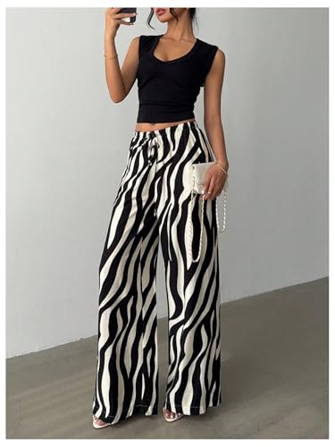 GORGLITTER Women's Animal Printed Wide Leg Pants Dressy Summer Casual Boho Beach Low Waist Stripe Linen Pants4